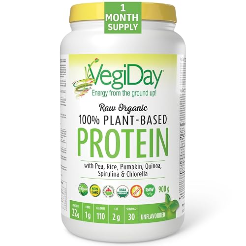 VegiDay Raw ORGANIC 100% Vegan Protein Powder 22 g, 900 g Powder = 30 Servings, Unflavoured, Pea, Rice, Pumpkin, Quinoa, Spirulina & Chlorella, Plant Based, Gluten-Free, Non-GMO, Proudly Canadian