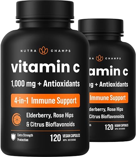 Vitamin C 1000mg Per Serving with Elderberry, Rose Hips & Citrus Bioflavonoids | Vitamin C Supplement Capsules for Immune Support & Antioxidant Protection | 240 Vegan Capsules