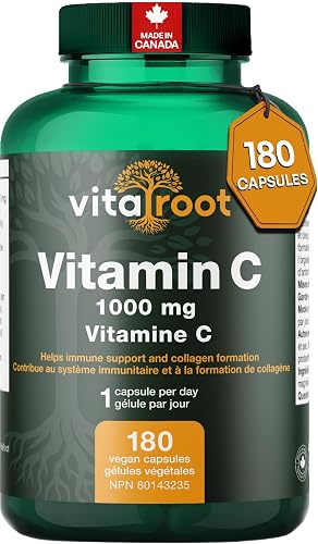 Vitamin C – 180 Capsules, 1000mg High-Potency Formula for Immune Support, Collagen & Tissue Health, Antioxidant Protection, Pure Vit C Supplement, Vegan, Non-GMO, Canadian Made
