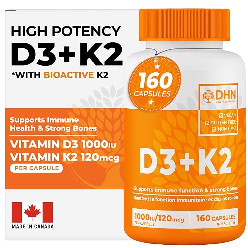 VITAMIN D3 K2 (MK-7) VEGAN | HIGH POTENCY•VALUE SIZE | Supports Prevention of Osteoporosis & Heart Calcification | Immune, Bone & Heart Health Supplement | Canadian Made Vitamin D3 Vitamin K2
