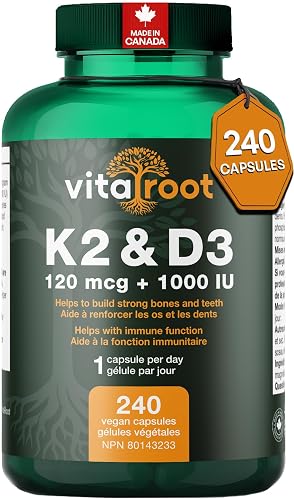 Vitamin D3 + K2 Supplement (8-Month Supply) – 1000 IU D3 with 120mcg K2 MK7. Vitamin D with K2 for Bone, Teeth & Immune Support. Vegan, Non-GMO, Made in Canada