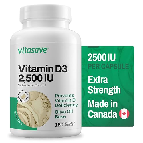 Vitasave Vitamin D3 2500 IU - High Potency Supplement for Immune Support, Bone Health, Calcium Absorption & Mood Balance - Olive Oil Base - Non-GMO, Gluten-Free, 180 Easy-to-Swallow Softgels