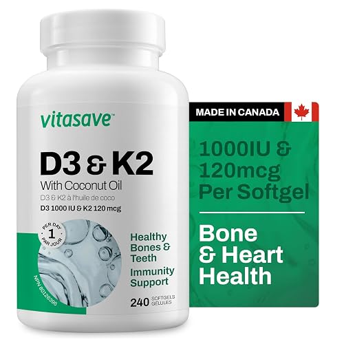 Vitasave Vitamin D3 + K2 Supplement – 1000 IU D3 & 120 mcg MK7 – Bone, Heart & Immune Support – High Potency, Non-GMO, Gluten-Free, Easy-to-Swallow Softgels – 240 Count (8-Month Supply)