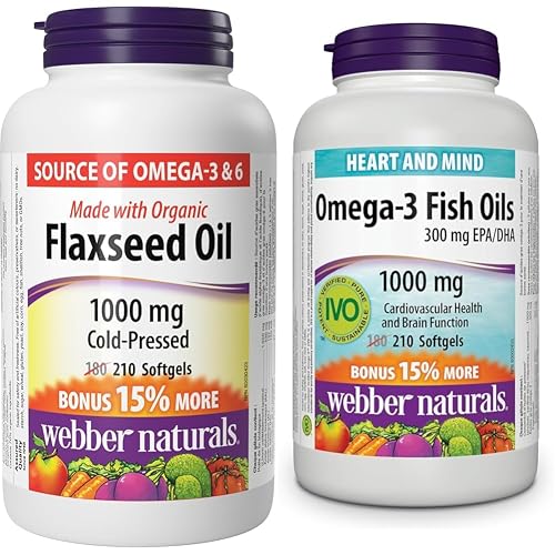 Webber Naturals Flaxseed Oil 1000 mg, 210 Softgels, Plant Source Omega-3, For Heart & Omega-3 Fish Oil 1,000 mg, 210 Softgels, Supports Cardiovascular Health and Brain Function