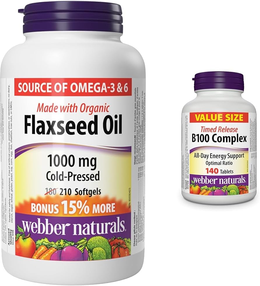 Webber Naturals Flaxseed Oil 1000 mg, 210 Softgels, Plant Source Omega-3, For Heart & Vitamin B100 Complex, Timed Release, 140 Tablets, Supports Energy Production and Metabolism, Vegan
