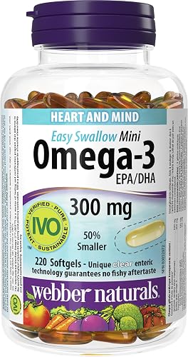 Webber Naturals Omega-3 300 mg Mini, 220 Clear Enteric No Fishy Aftertaste Mini Softgels, Supports Cardiovascular Health and Brain Function