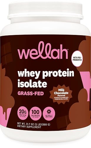 Wellah Grass-Fed Whey Protein Isolate Powder (Milk Chocolate) 30 Servings | With Prebiotics, Enzymes & Probiotics, 20g of Protein, 100 Calories, Naturally Sweetened