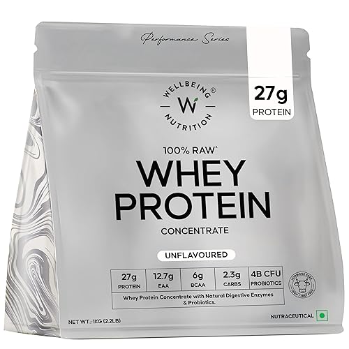Wellbeing Nutrition Clean Whey Protein Concentrate 1kg Unflavoured | 27g Protein, 6g BCAA | 4B CFU Probiotics & Digestive Enzymes | Fast Absorbing, No Bloating, Easy to Digest | Faster Muscle Recovery