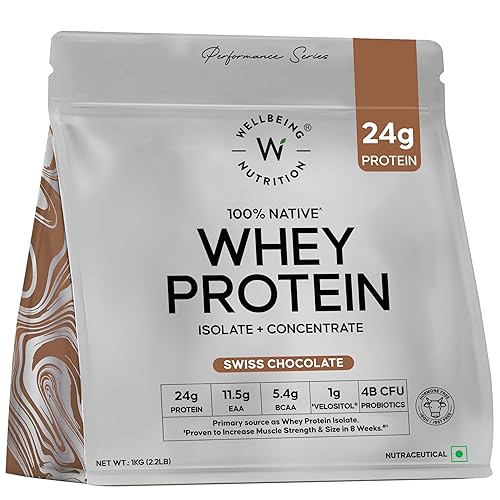 Wellbeing Nutrition Clean Whey Protein Isolate & Concentrate 1Kg Swiss Chocolate | 24g Protein, Clinically Proven Velositol 2x Muscle Protein Synthesis, 4B CFU Probiotics & Digestive Enzymes, Easy to Digest