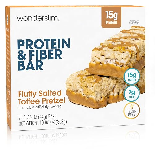 Wonderslim High Fiber, High Protein Bars – 7 Pack (Salted Toffee Pretzel) | 15g Protein, 7g Fiber – Gluten-Free, Low Sugar, Low Carb, Low Calorie Protein Snack Bars for Hunger & Craving Control